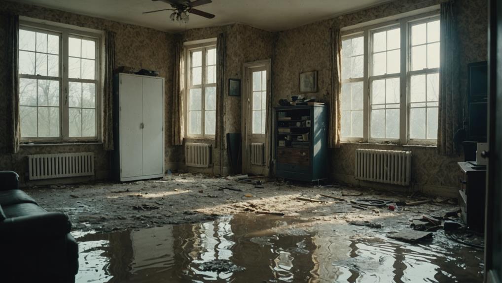 Flooded living room with standing water on hardwood floors, peeling walls, and scattered debris—visual example of water damage leading to mold risk, critical for mold remediation services.
